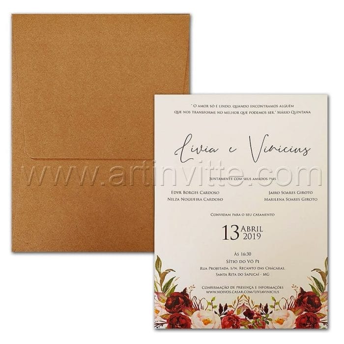 Convite de casamento Floral - Haia HA 070 - Flores e Kraft - Art Invitte Convites - convite rústico