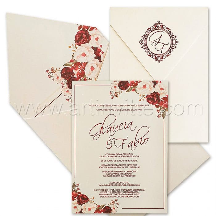 Convite de casamento Floral - Haia HA 074 - Folhagem em Marsala - Art Invitte Convites - convite floral
