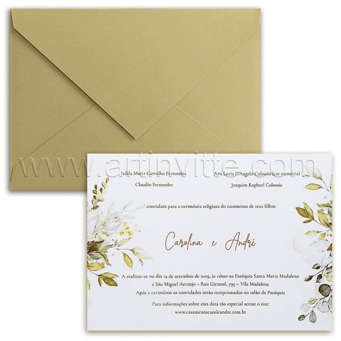 Convite de casamento Campestre Chic - Haia HA 077 - Folhagem em Dourado - Art Invitte Convites