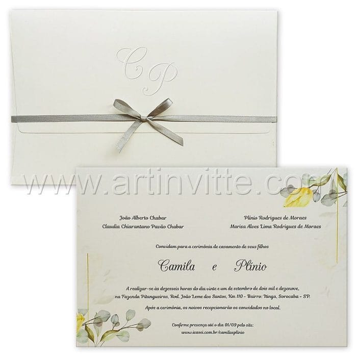Convite de casamento Floral - Haia HA 080 - Amarelo e Cinza - Art Invitte Convites