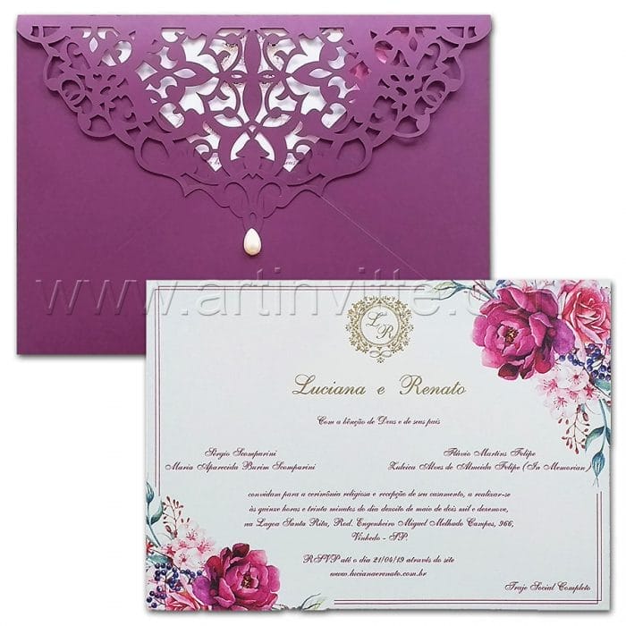 tipos de envelope 8 Convite de casamento Personalizado - Haia HA 083 - Aquarela roxa - Art Invitte Convites