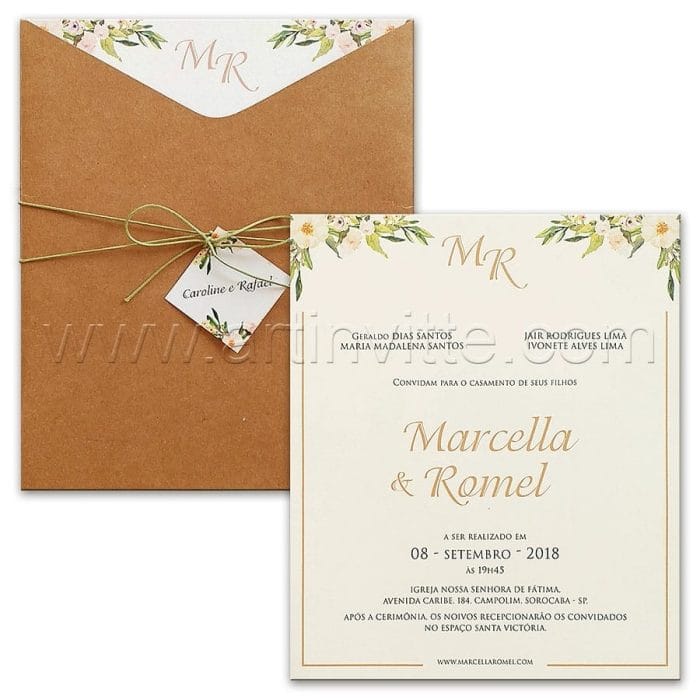Convite de casamento Rùstico - HA 084 - Kraft e flores - Art Invitte Convites rústicos