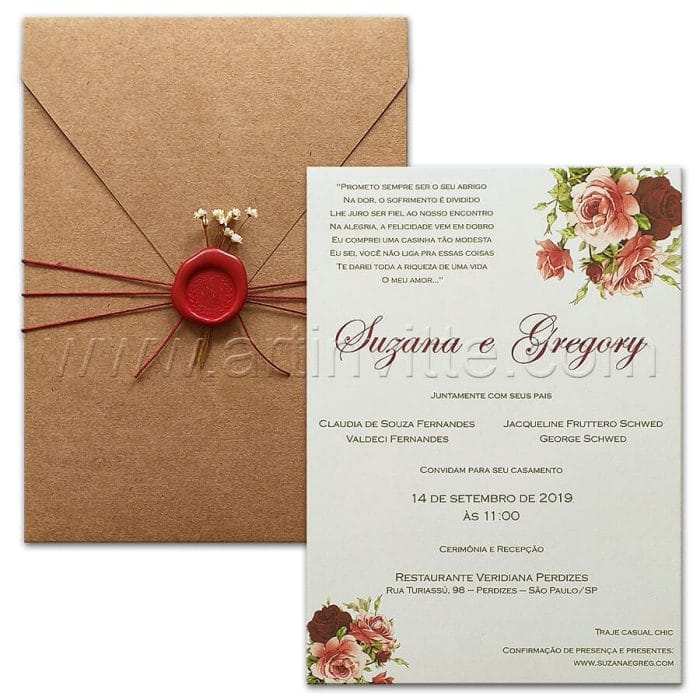 Convite rustico romantico - HA 085 - Kraft e flores - Art Invitte Convites rústicos