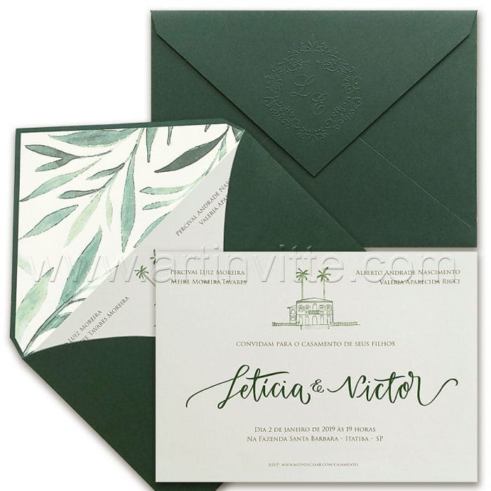 Convite de casamento campestre - Haia HA 088 - Verde e Branco - Art Invitte Convites