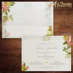 Convite de casamento flora com impressão digital no convite e no envelope