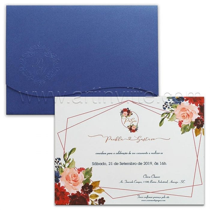 Convite de casamento Floral - Haia HA 090 - Flores e Azul - Art Invitte Convites