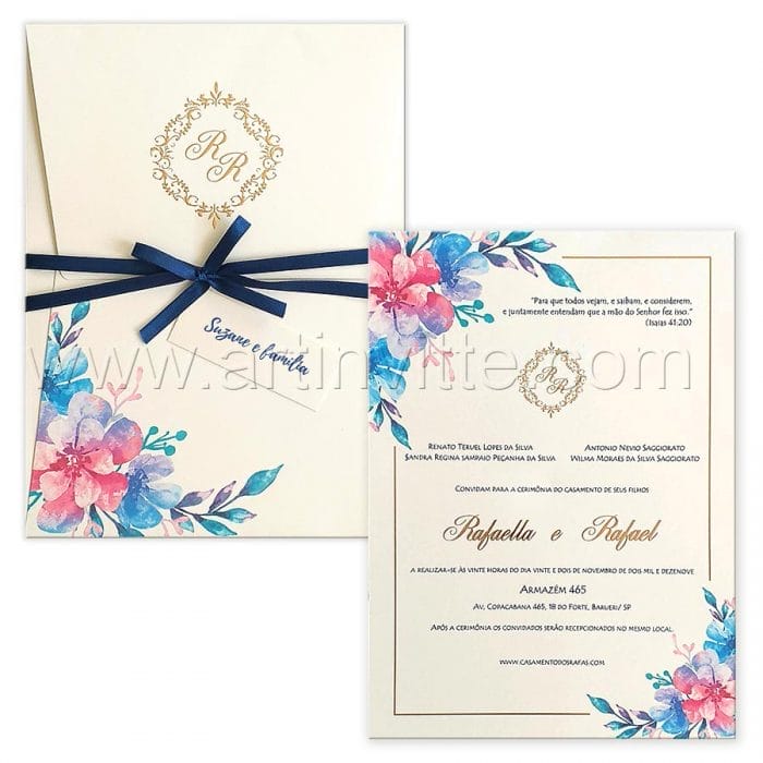 Convite de casamento Floral vertical Haia HA 094 - tons de azul - Art Invitte Convites