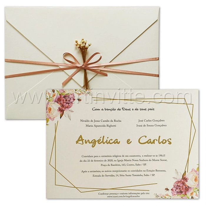 Convite de casamento Floral - Haia HA 100 - Flores e Rosê- Art Invitte Convites