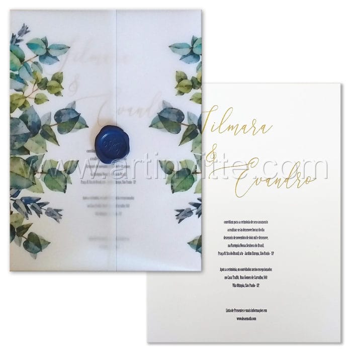 Convite de casamento Haia HA 103 - Vegetal com eucaliptos e lacre azul