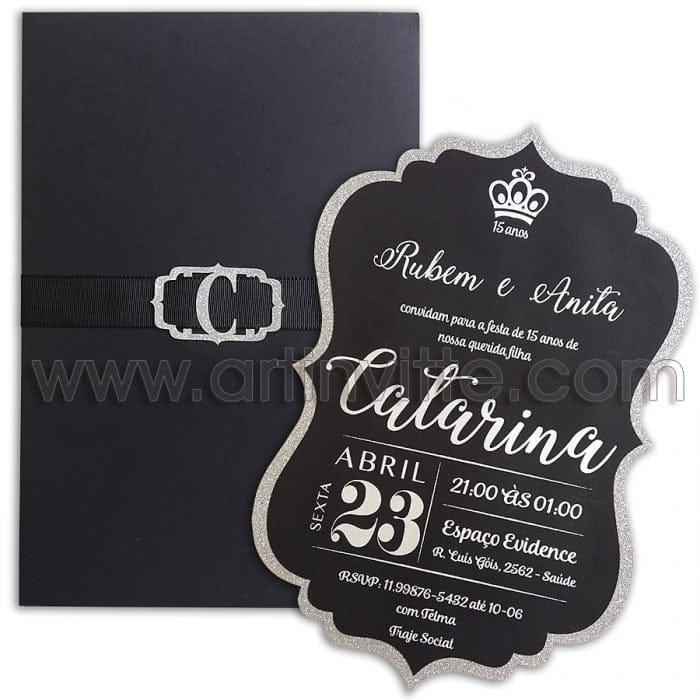 Convite de 15 anos preto com gliter prata DIF 004