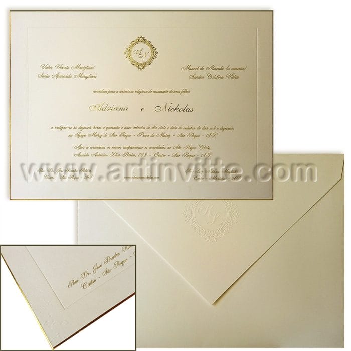 Convite de casamento com borda dourada Veneza VZ 055