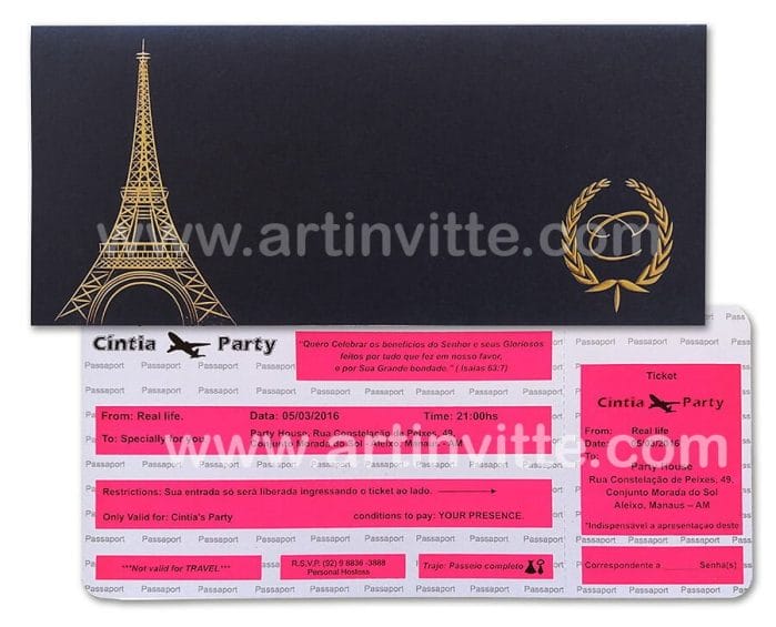 Convite 15 anos Voucher Paris - Art Invitte Convites Preto Pink dourado